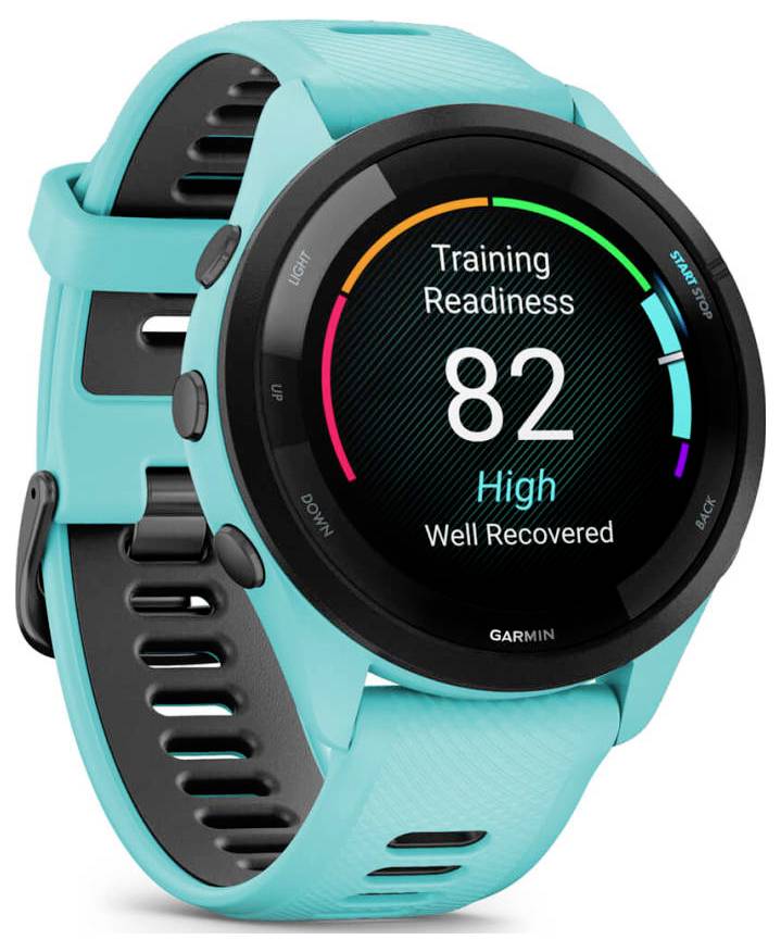 Turquoise Garmin smartwatch displaying 'Training Readiness 82', marked High and Well Recovered.<br>