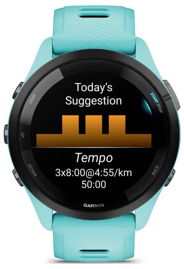 Garmin sports watch showing 'Today's Suggestion' tempo workout: 3x8:00 at 4:55/km, total 50:00.