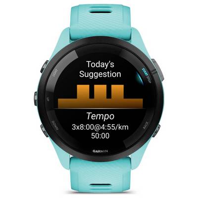 Garmin sports watch showing 'Today's Suggestion' tempo workout: 3x8:00 at 4:55/km, total 50:00.