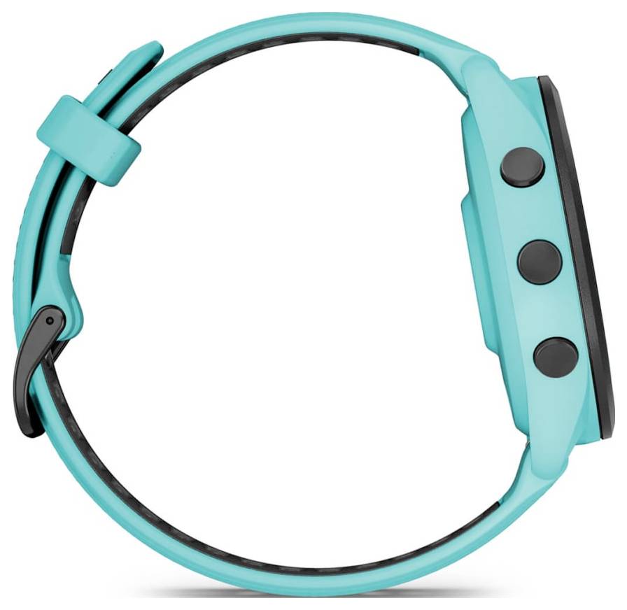 Turquoise fitness tracker wristband with black buckle and three side buttons, shown isolated on a white background.
