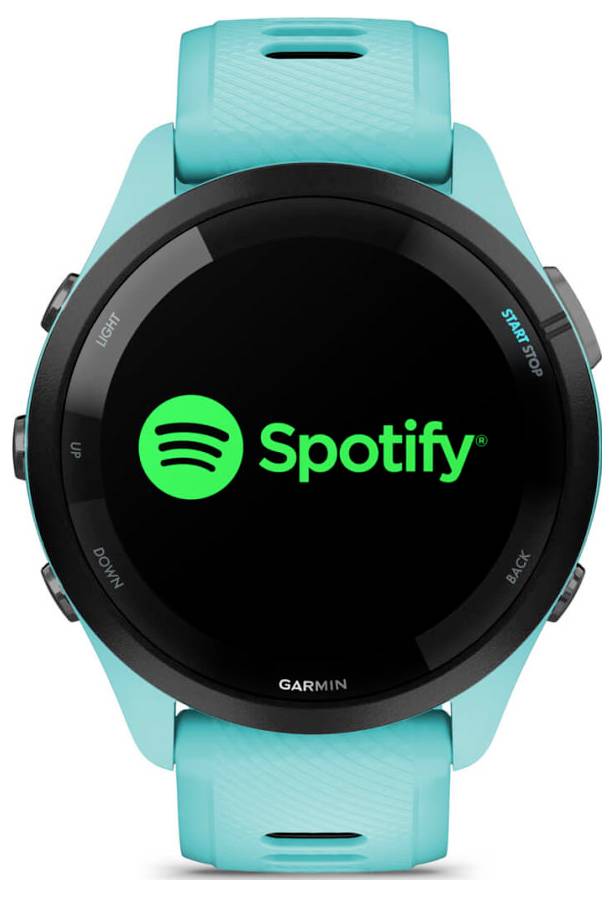 Front view of a turquoise Garmin smartwatch displaying the Spotify logo and name on a black screen.
