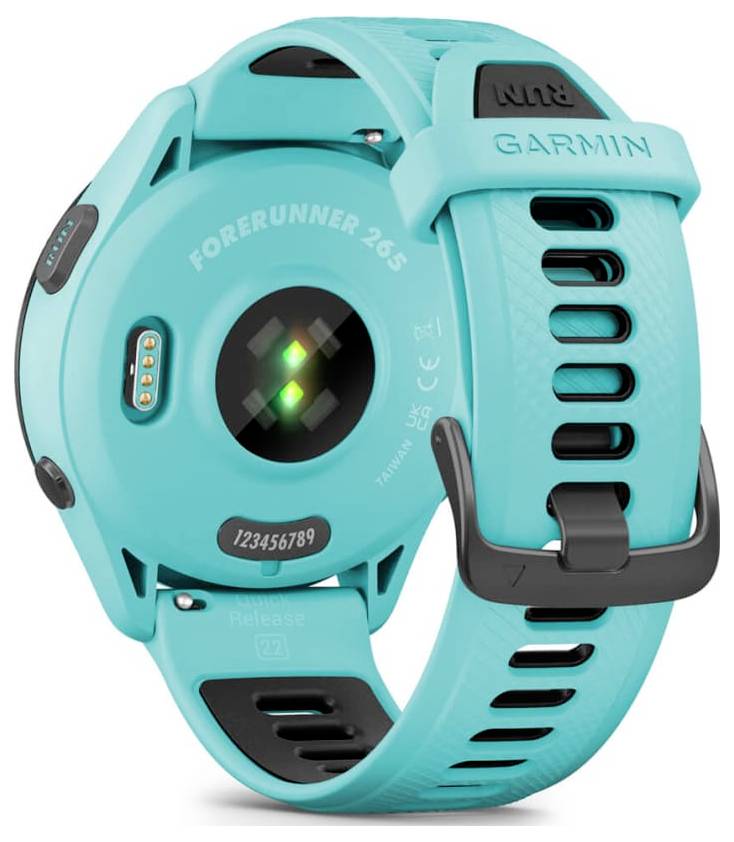 Back view of a turquoise Garmin Forerunner 265 GPS smartwatch with black strap, showing heart-rate sensor and charging contacts.