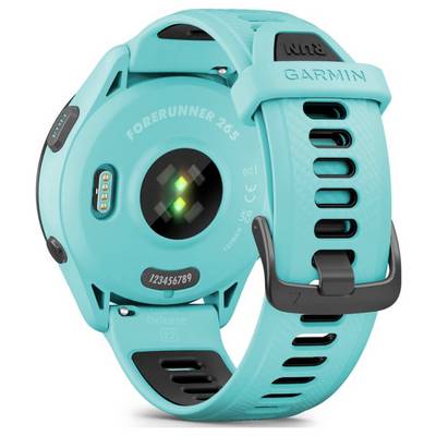 Back view of a turquoise Garmin Forerunner 265 GPS smartwatch with black strap, showing heart-rate sensor and charging contacts.