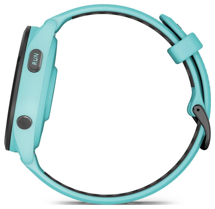 Turquoise fitness tracker wristband with black display, showing a RUN button and side control clasp.