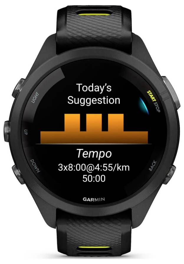 Garmin smartwatch displaying a workout suggestion: 'Tempo' run, 3x8:00 at 4:55/km, total 50:00, with orange interval bars.<br>