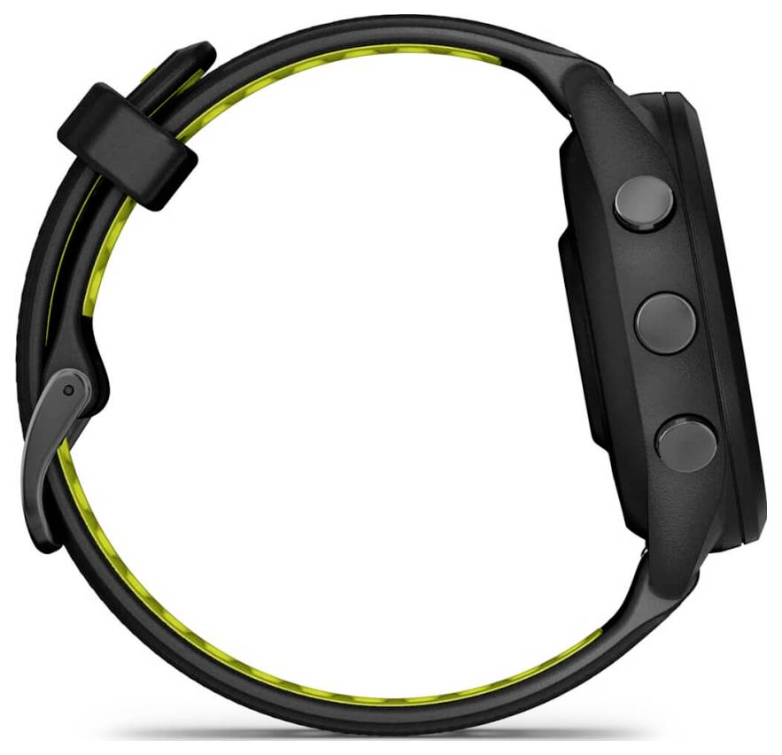 Black sports smartwatch with a round band and three side buttons, shown on a white background.