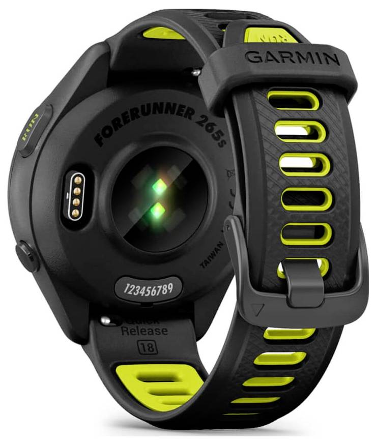 Black Garmin Forerunner 265s smartwatch shown from the back, with heart rate sensors and a black-and-neon-yellow strap.<br>