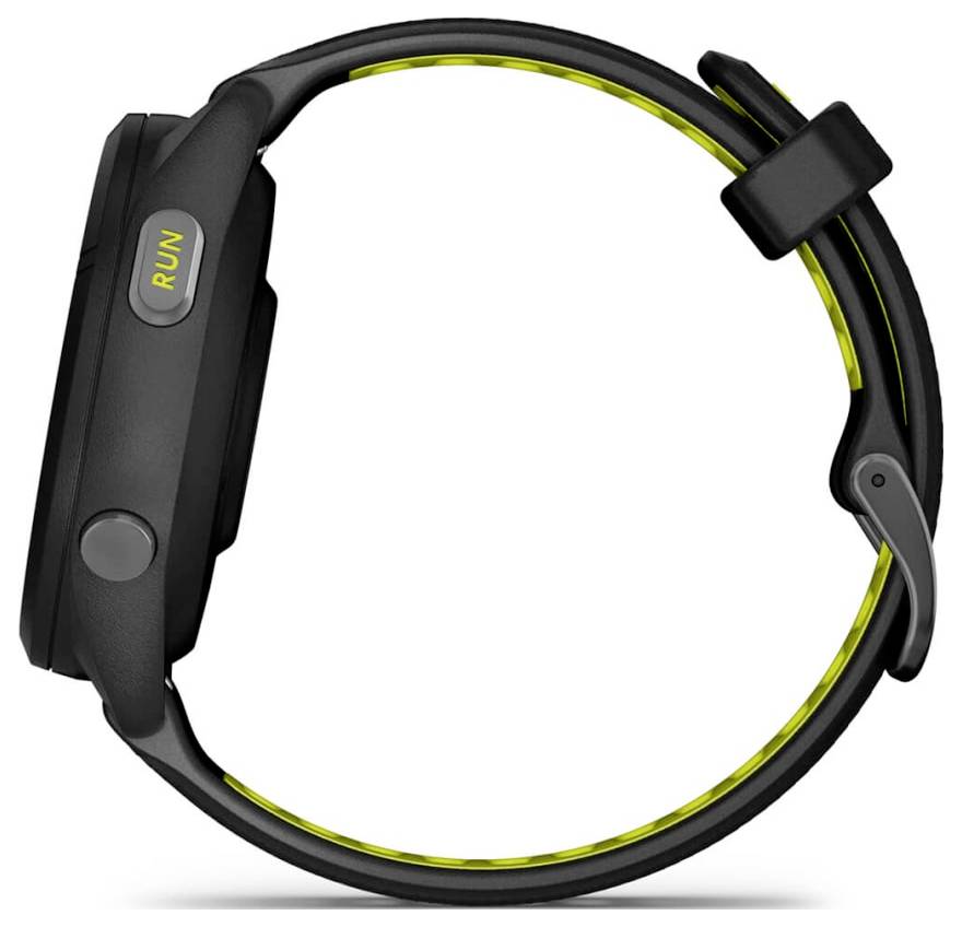 Black sports smartwatch with a round display, side button labeled 'RUN', and black strap with lime accents on a white background.