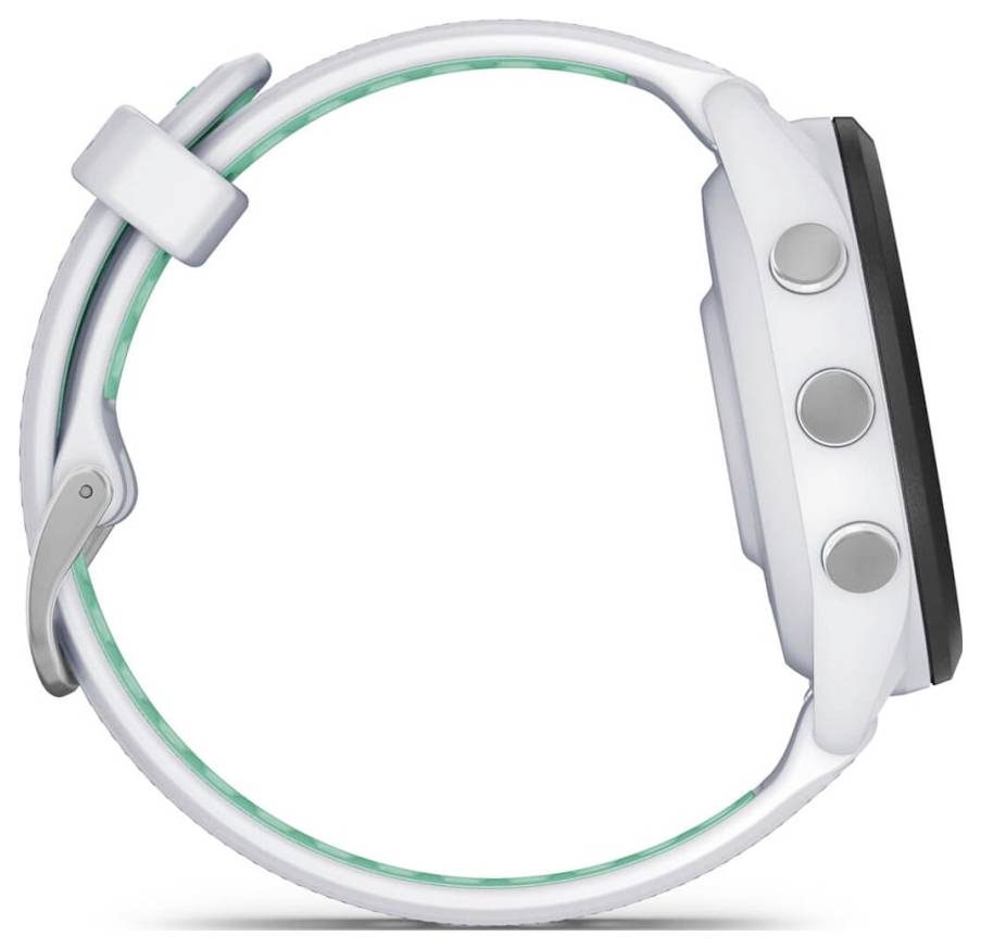 White smartwatch with round face and gray side buttons, shown in profile on a white background.