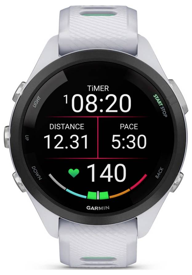 Garmin smartwatch display showing workout stats: timer 08:20, distance 12.31, pace 5:30, heart rate 140, and colored activity gauge.