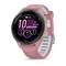 Pink Garmin smartwatch with circular display showing 10:10, Saturday 01, heart rate 120, battery 100%, and fitness stats on the watch face.<br>