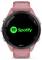 Pink Garmin smartwatch displaying the Spotify logo on a black screen.