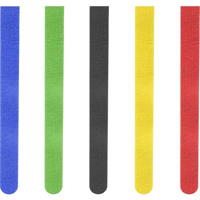 Five vertical textured fabric strips in blue, green, black, yellow, and red on a white background.