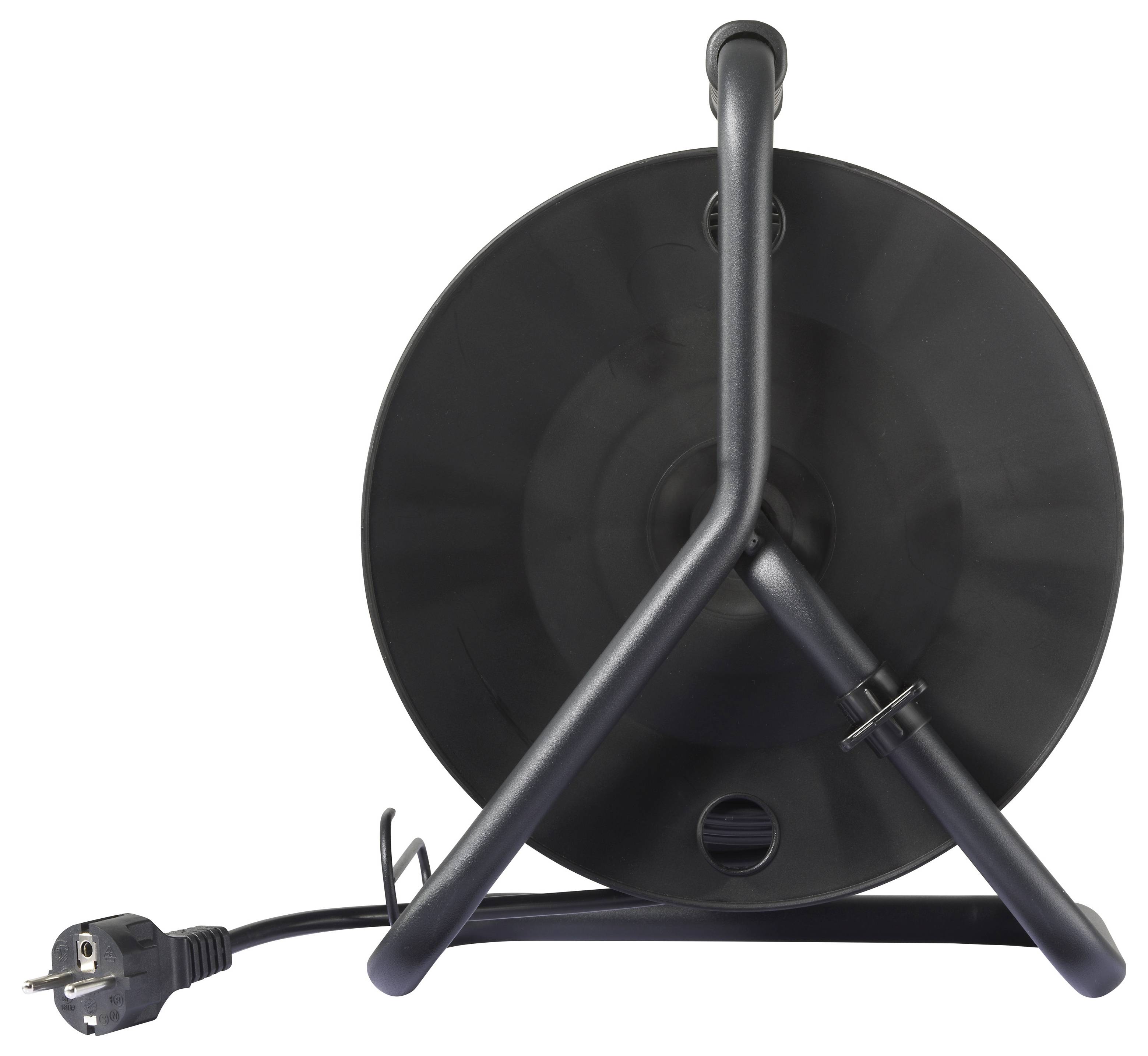 Black circular cable reel with three support legs and attached power plug on a white background.