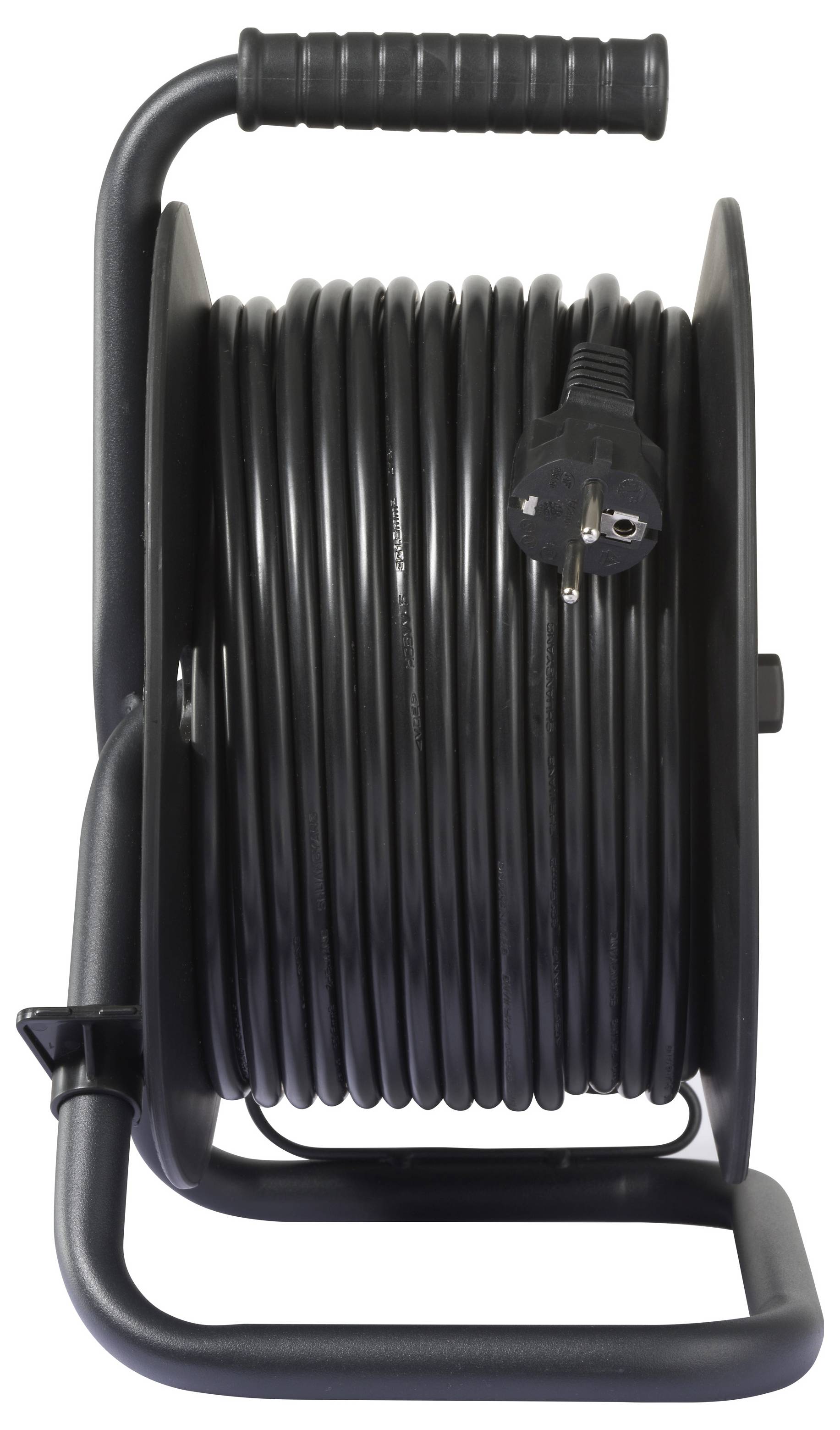 Black hose reel cart with coiled hose, top handle, and sturdy base, shown on a white background.