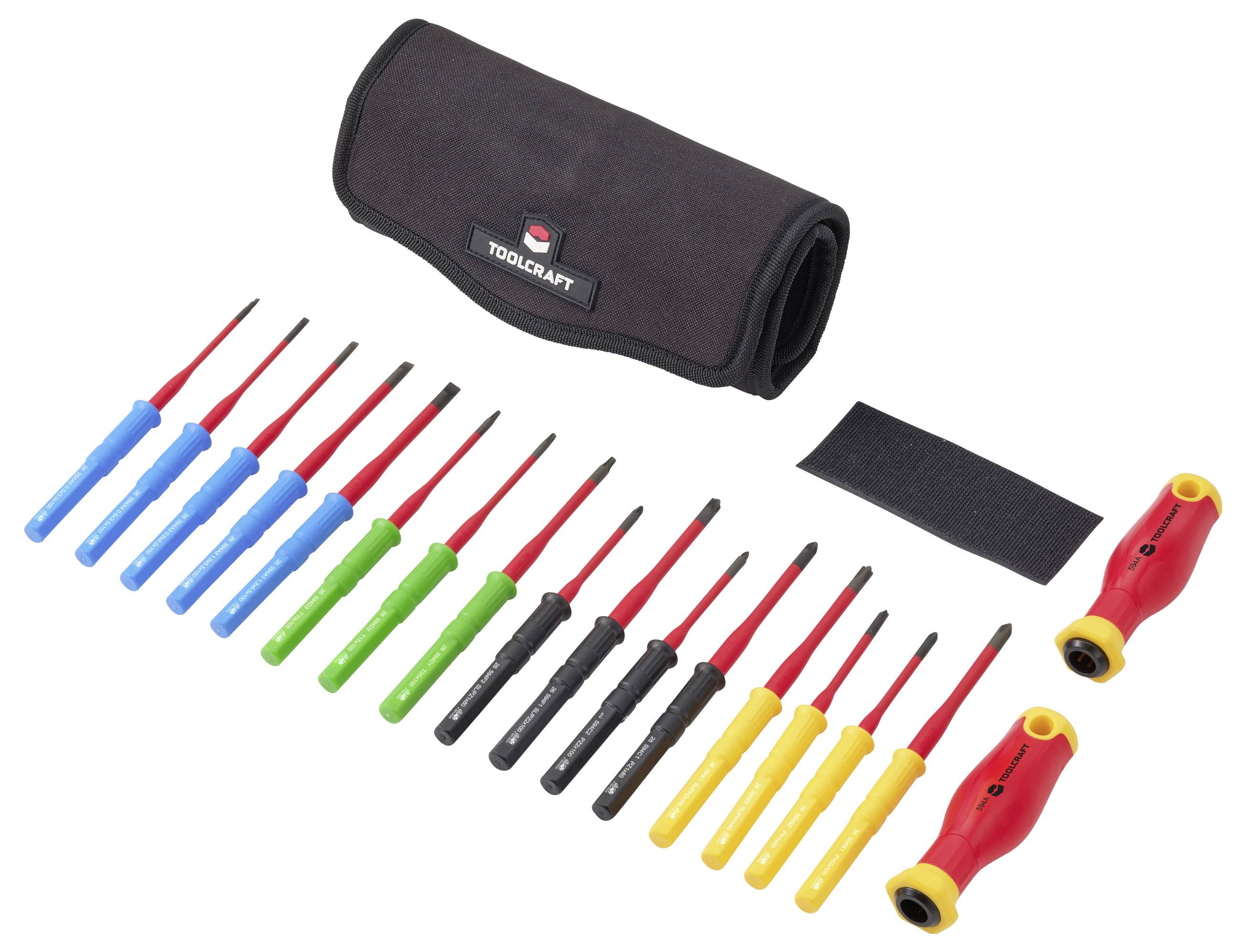 Set of insulated screwdrivers in a roll-up Toolcraft pouch, with 18 red-shaft screwdrivers, a black strip, and two red-yellow handled tools.