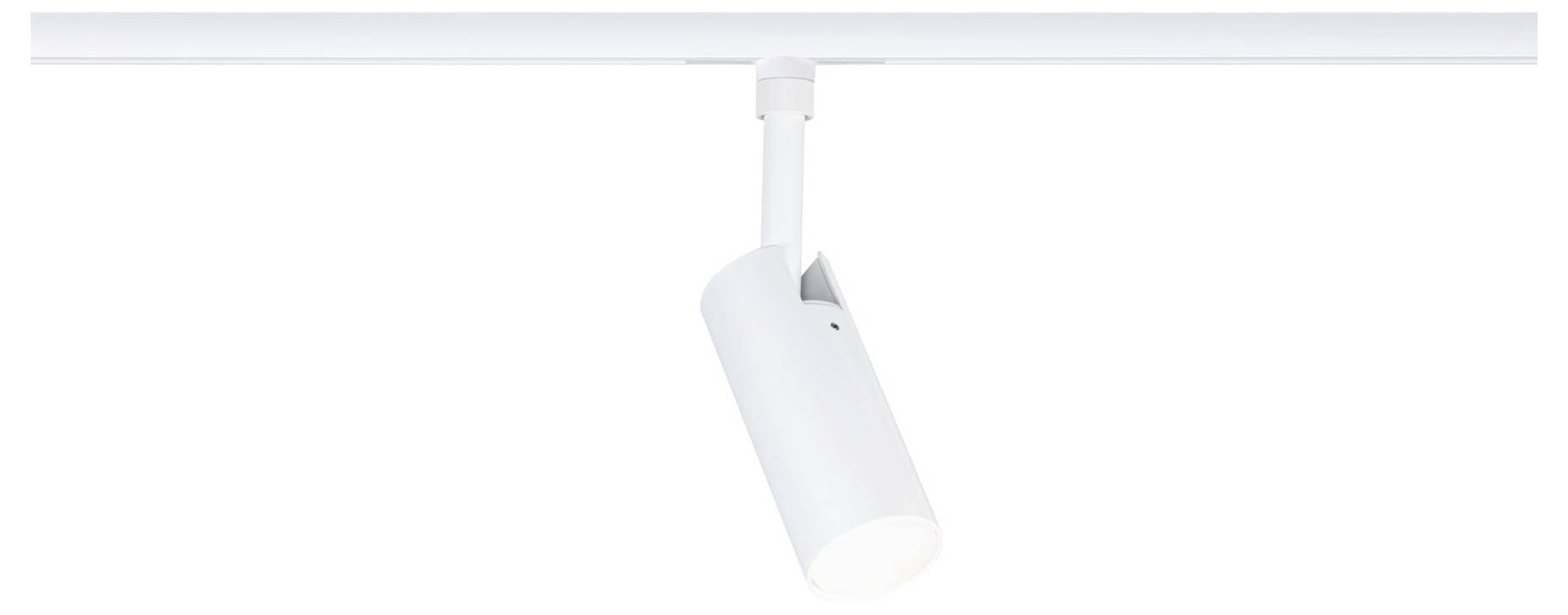 White ceiling spotlight on a track, angled downward and hanging from a straight rail.