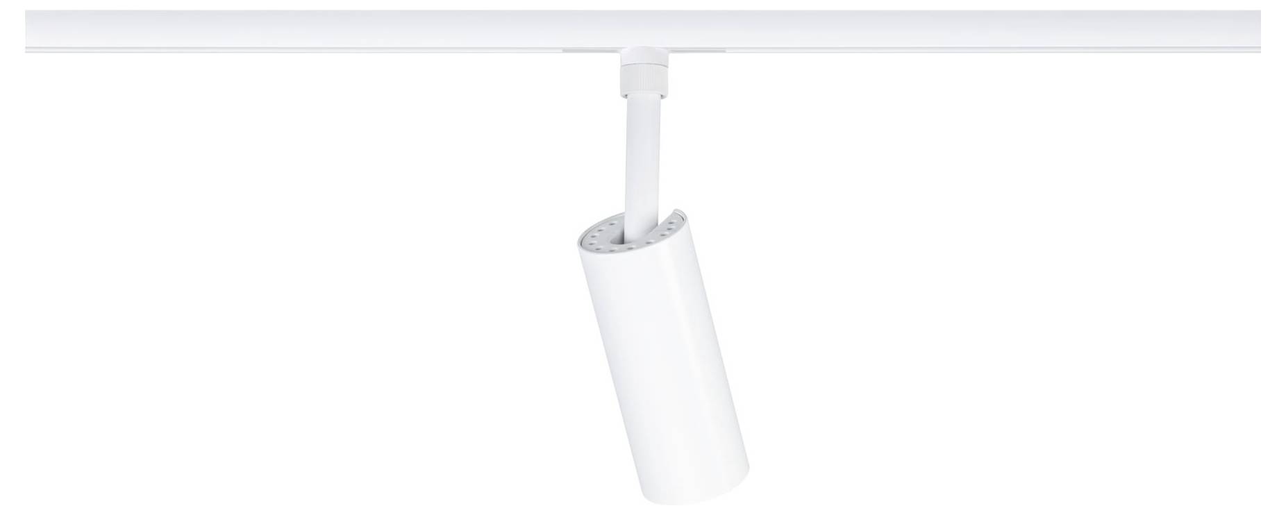 White cylindrical spotlight hanging from a ceiling track on a plain white background.