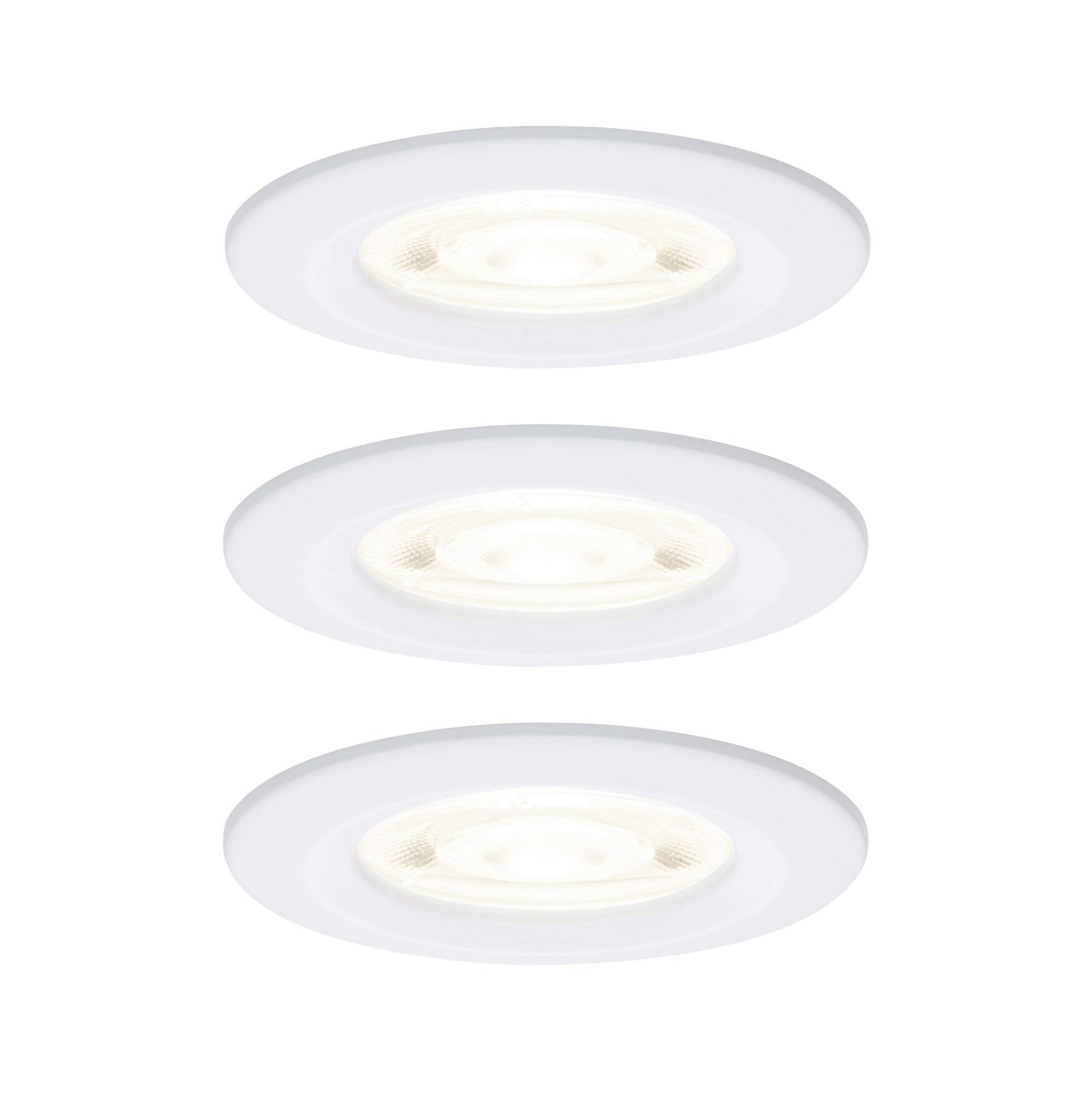 Three white recessed ceiling light fixtures stacked vertically on a plain background.