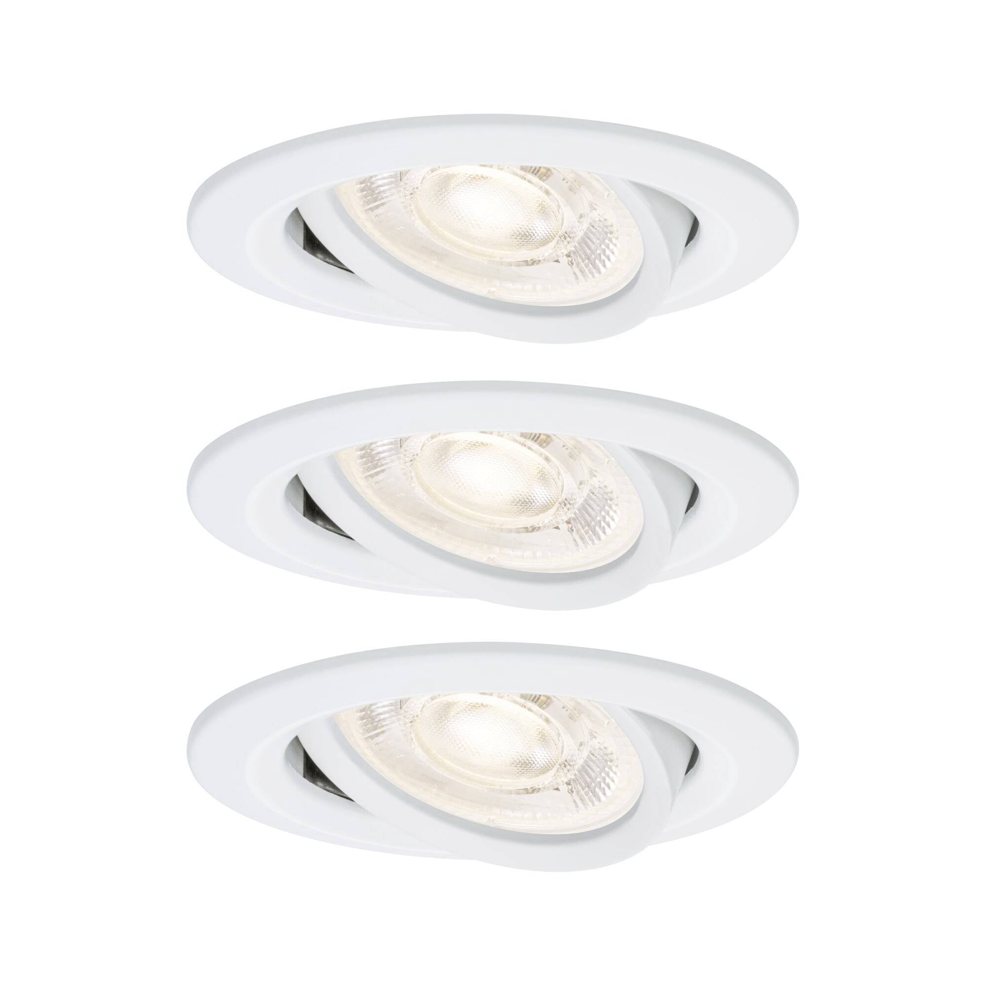 Three recessed ceiling downlights with white trim, each showing an adjustable round lamp on a white background.
