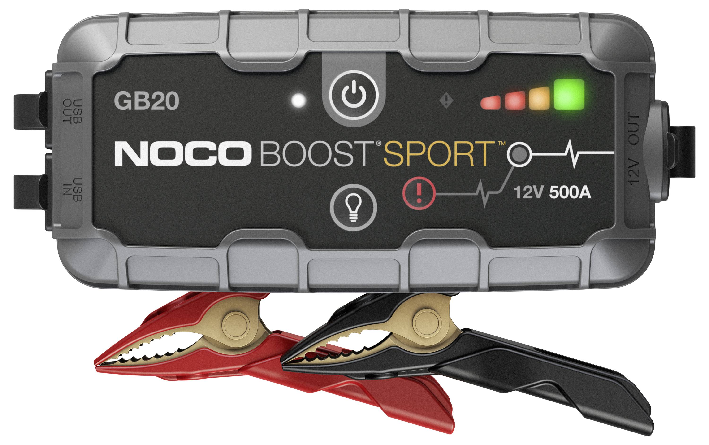 NOCO Boost Sport GB20 portable jump starter with attached red and black clamps, showing power and status indicators.