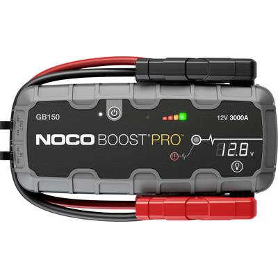 NOCO Boost Pro GB150 12V portable jump starter with attached red and black battery clamps, power button, charge indicator lights, and digital battery voltage display reading 12.8V.