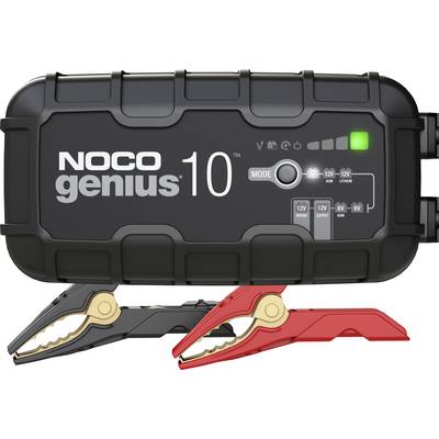 NOCO Genius 10 battery charger with connected black and red clamps, showing charge status lights and mode indicators.
