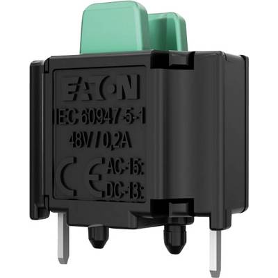 Black electrical push-button switch module with green actuator and metal terminals, labeled EATON IEC 60947-5-1 48V 10.2A.
