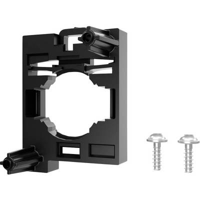 Black plastic mounting bracket with a large circular opening and two screws shown beside it on a white background.