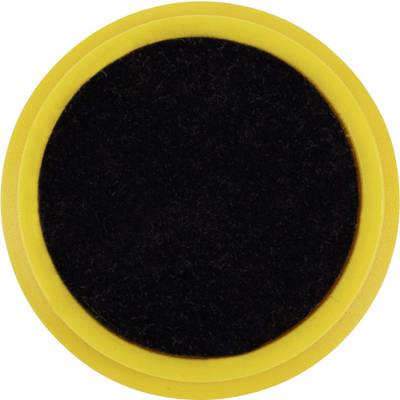 Black circular button or cap with a yellow rim centered on a light background.