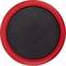 Red circular button or puck with a black center on a plain light background.