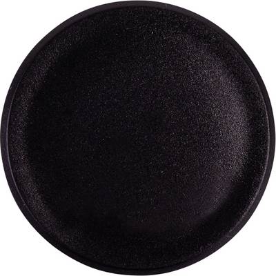 Single black round button or disc centered on a plain white background.