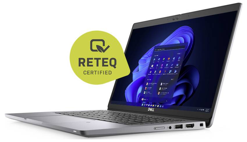 Dell laptop with Windows 11 open, shown alongside a 'RETEQ CERTIFIED' badge indicating certified refurbished status.