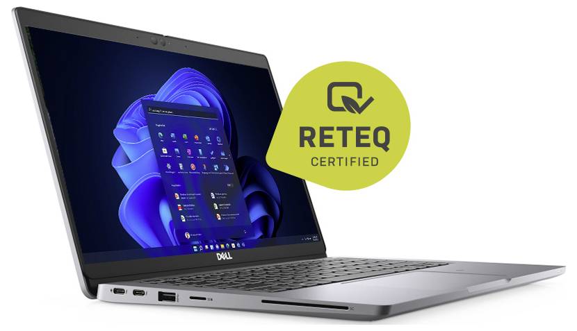 Dell laptop shown open with Windows 11 screen and a 'RETEQ CERTIFIED' badge beside it.