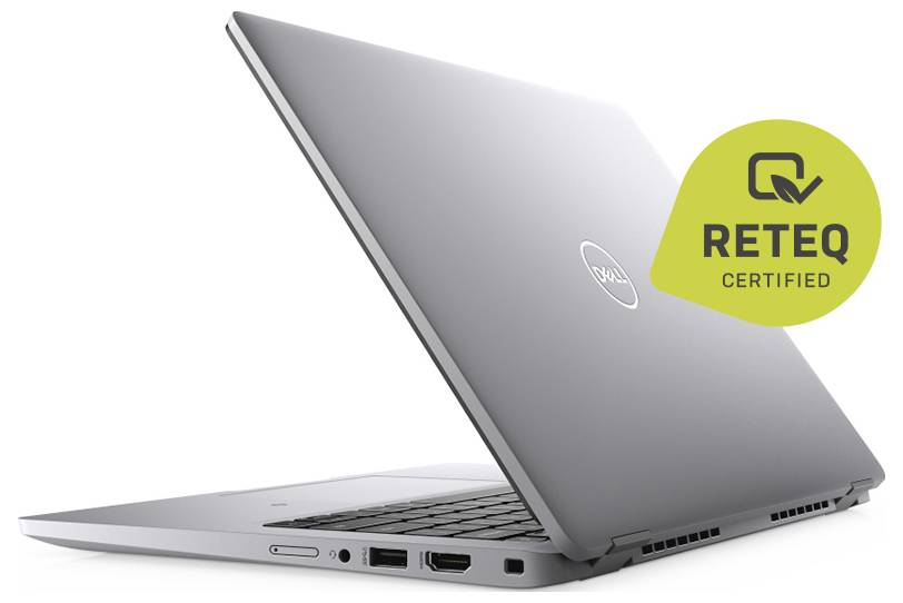 Silver Dell laptop shown open at an angle, with a green 'RETEQ CERTIFIED' badge in the upper right.<br>