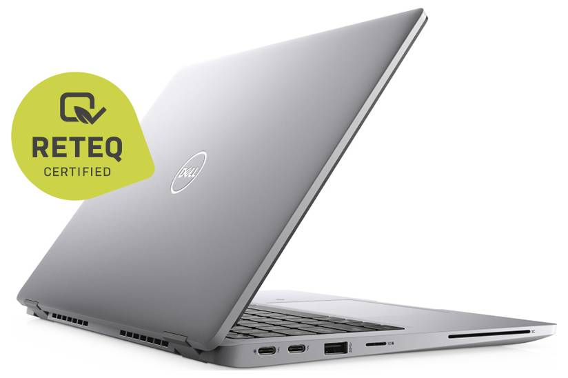 Closed gray Dell laptop with a green 'RETEQ CERTIFIED' badge, shown in side view on a white background.