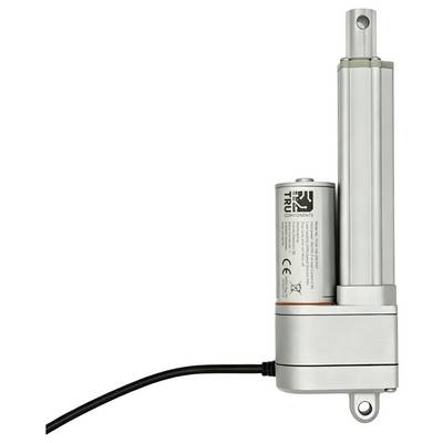Electric linear actuator with attached cable and side-mounted battery, shown against a white background.