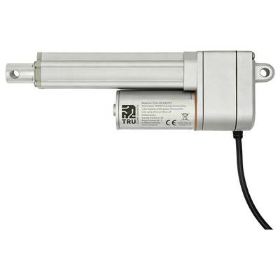 Silver electric linear actuator with mounting eyes and attached power cable on a white background.