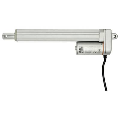 Silver electric linear actuator with mounting eyelets and attached power cable, shown on a white background.