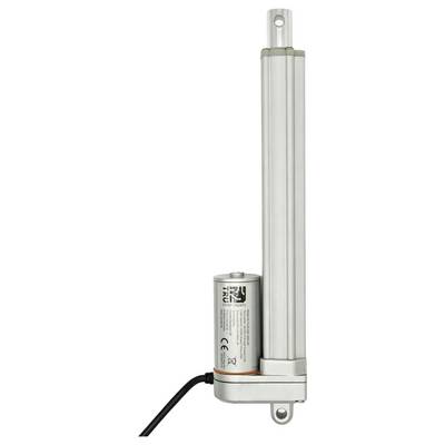Electric linear actuator with an attached cylindrical motor and power cable, shown upright on a white background.