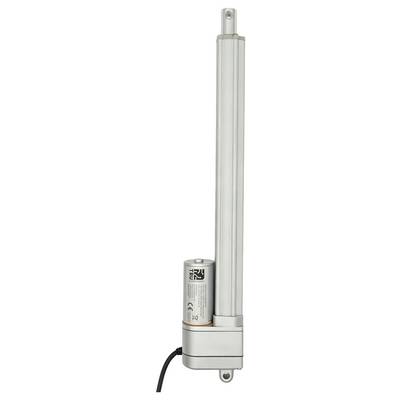 Silver electric linear actuator with a small attached cylindrical component and power cable, shown vertically on a plain white background