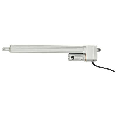 Long silver electric linear actuator with a cable and mounting brackets, shown on a white background.