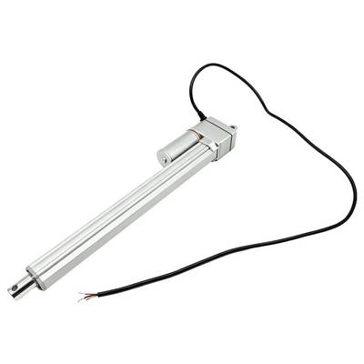 Industrial electric linear actuator with long silver rod, attached black power cable, shown on white background.