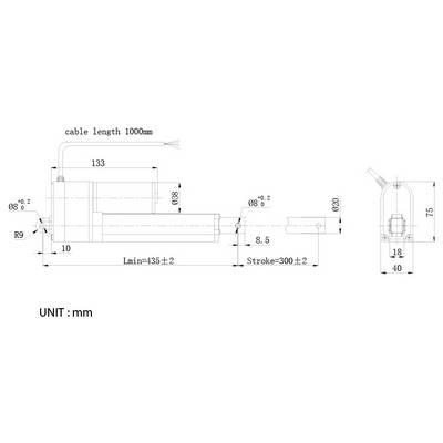 Technical dimension drawing of a cylindrical actuator with cable length 1000 mm, showing key measurements in mm including 133, 435±2 minimum, and 300±2 stroke.