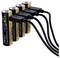 Four rechargeable batteries connected by black charging cables, illustrating a multi-battery USB charging setup on a white background.