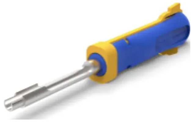 Blue-and-yellow pneumatic cylinder actuator with extended metal piston rod on a white background.