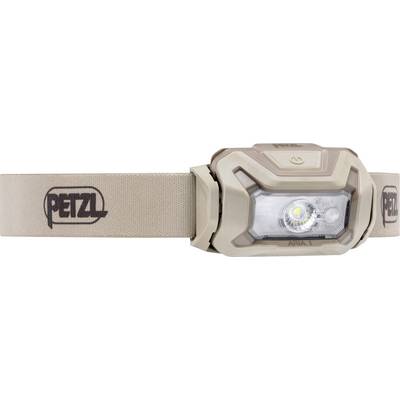 Beige Petzl headlamp with elastic strap, shown front view with LED light centered in the housing.
