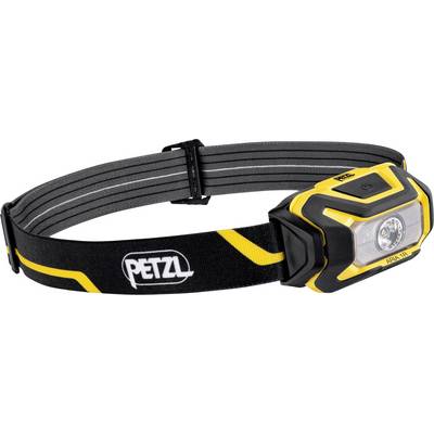 Black PETZL headlamp with yellow accents and adjustable strap, shown on a white background.