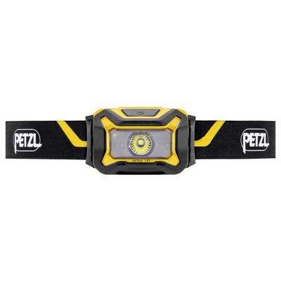 Black and yellow Petzl headlamp with adjustable elastic strap, front LED centered, shown on a white background.