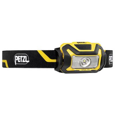 Yellow and black PETZL headlamp with adjustable black strap, shown front-facing on a white background.